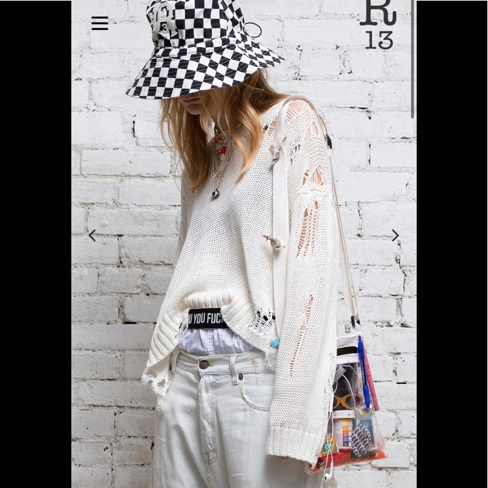 R13 Cotton Shredded Side Slit Sweater. Medium
